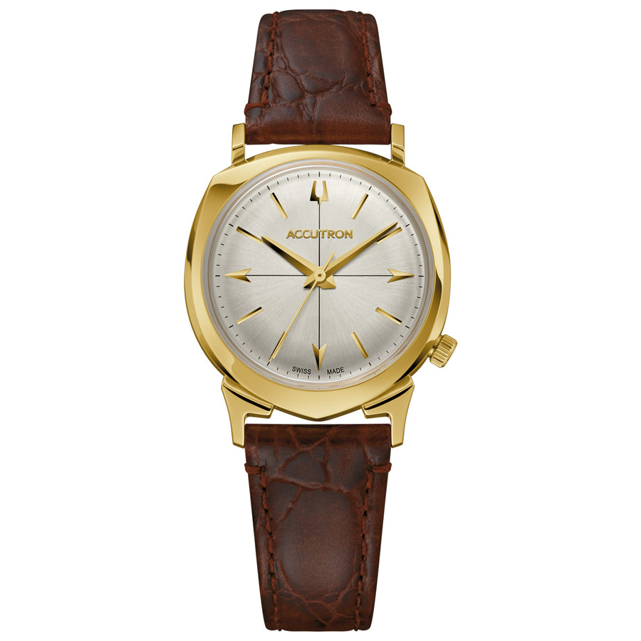 Inspired by Accutron's history, this Legacy collection  timepiece is a limited edition luxury timepiece with only 600 pieces available. Taking its cue from the classic 505 from the original 1960s collection, the watch features a gold-tone stainless steel case and 3-hand silver white dial, gold-tone applied hour markers and a brown croco-embossed leather strap. The sleek case design has the crown at the 4 o'clock position, and is powered by Accutron's Swiss-made 26-jewel automatic movement to gua