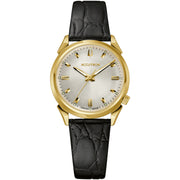 A tried-and-true classic, this Legacy collection timepiece from Accutron is a limited-edition re-creation of the 412 from the original 1960's collection. Just 600 pieces will be available of this luxury watch, which features a round case design and crown placement at 4 o'clock, a gold-tone stainless steel case, a 3-hand silver white dial with gold-tone applied and faceted hour markers, and a black croco-embossed leather strap. It is powered by Accutron's Swiss-made 26-jewel automatic movement, g