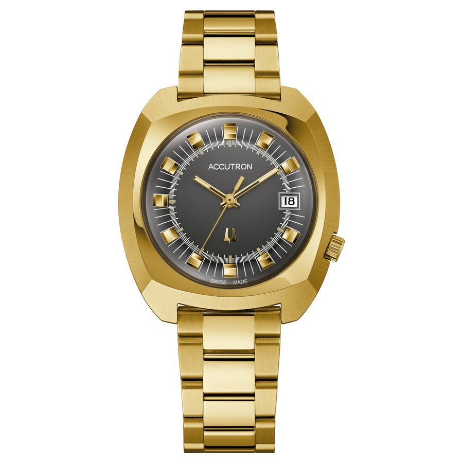 With a gold-tone stainless steel case and three-link bracelet with double-press closure, this Legacy collection timepiece from Accutron is a reimagining of the classic 261 from 1971. It features a unique cushion case design, a crown placement at 4 o'clock, a grey dial with sculptured and applied markers, and a calendar feature. Powered by Accutron's Swiss-made 26-jewel automatic movement, this classic luxury watch retains its original 38.5mm case diameter, giving it a timeless look that will loo
