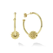 Small 18K gold hoop earrings with a Caviar beaded ball. Finished with 18K gold post backing.18K Gold18K Gold PostDiameter 30mmWidth 2mmStyle #: 01-11038-00