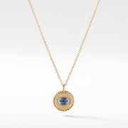 18-karat yellow gold ��� Pave blue sapphires, Pave black diamonds and diamonds, 0.03 total carat weight, Charm, 11mm diameter ��� Chain, 1.1mm wide, adjustable, 16-18 long ��� ��� Lobster clasp"
