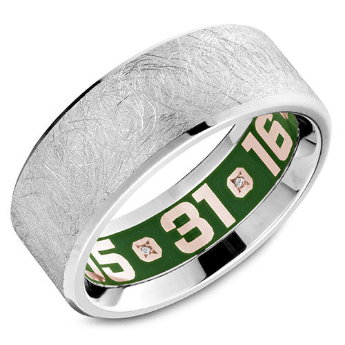 A hand painted enamel Carlex with a custom engraving of your chosen date or message. Enamel is available in black, green or blue. This ring is available in 18K (White, Yellow & Rose) gold & Platinum 950.