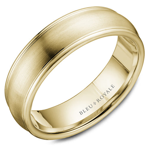 A brushed yellow gold wedding band with polished edges. This ring is available in 14K, 18K (White, Yellow & Rose gold), Platinum 950 & Palladium, please call for pricing.