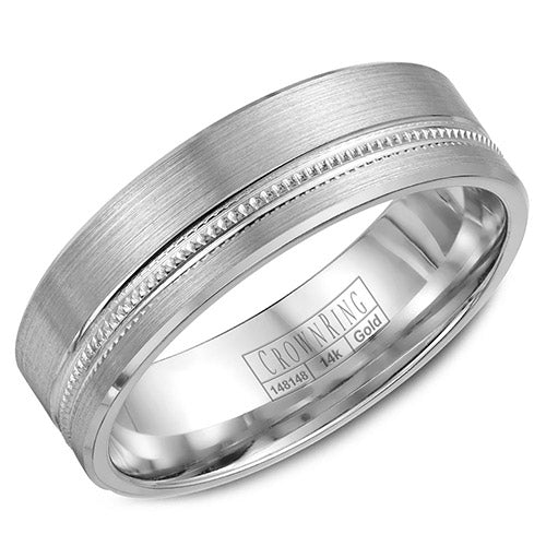 A brushed wedding band with milgrain detailing.