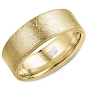 A yellow gold wedding band with a diamond brushed finish.