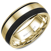 A brushed yellow gold wedding band with black carbon accents. This ring is available in 14K, 18K (White, Yellow & Rose gold), Platinum 950 & Palladium, please call for pricing.