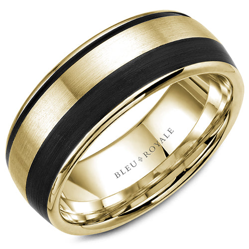 A brushed yellow gold wedding band with black carbon accents. This ring is available in 14K, 18K (White, Yellow & Rose gold), Platinum 950 & Palladium, please call for pricing.