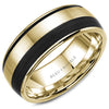 A brushed yellow gold wedding band with black carbon accents. This ring is available in 14K, 18K (White, Yellow & Rose gold), Platinum 950 & Palladium, please call for pricing.