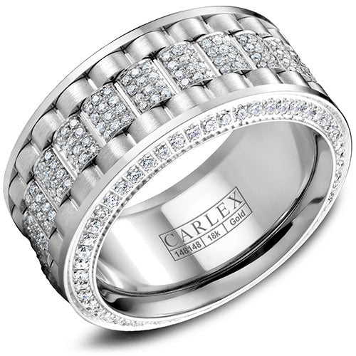 A multi-component CARLEX in white gold dazzles with 370 diamonds. This mens white gold diamond wedding band is also available in 18K (Yellow & Rose) gold & Platinum 950.