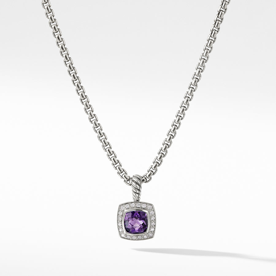 Sterling silver ��� Faceted amethyst, 7x7mm, Pav? diamonds, 0.17 total carat weight,  ��� Baby box chain, 1.7mm wide ��� Pendant, 11x11mm ��� Lobster clasp-