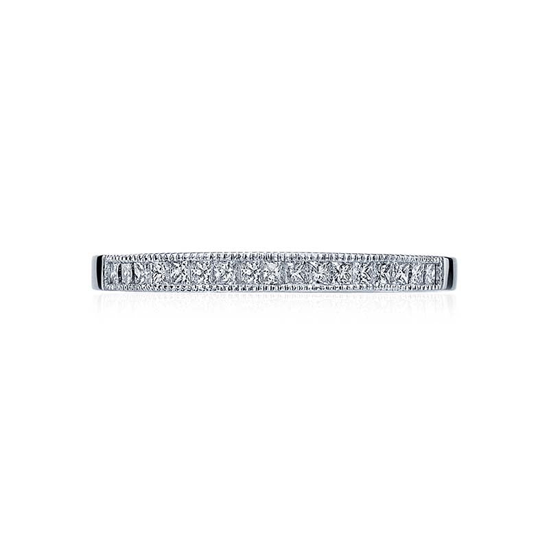 A straight band of bright princess cut diamonds set in a channel of signature Tacori milgrain.Total Carats in wedding ring as pictured equal approximately  0.26Metal Shown: PlatinumAvailable in Platinum; as well as 18K White; Yellow and Rose Gold