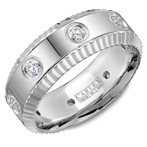 A multi-component CARLEX in white gold with eight diamonds and fluted edges. This ring is available in 18K (White, Yellow & Rose) gold & Platinum 950.
