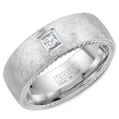 A white gold wedding band wih a square cut diamond, rope edges and diamond brushed finish.