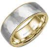 A yellow gold wedding band with a hammered white gold center and milgrain edges. This ring is available in 14K, 18K (White, Yellow & Rose gold), Platinum 950 & Palladium, please call for pricing.