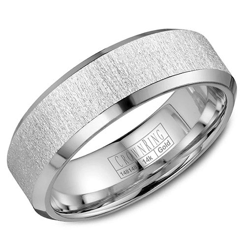 A wedding band with beveled edges and a textured sandblast center.