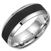 A white gold wedding band with a black carbon center and beveled edges. This ring is available in 14K, 18K (White, Yellow & Rose gold), Platinum 950 & Palladium, please call for pricing.