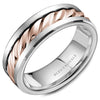 A brushed white gold wedding band with a textured rose gold center. This ring is available in 14K, 18K (White, Yellow & Rose gold), Platinum 950 & Palladium, please call for pricing.