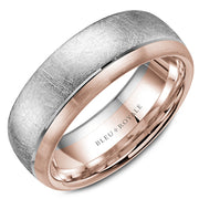 A wedding band in white gold with a diamond brushed center, line detailing and a rose gold edge. This ring is available in 14K, 18K (White, Yellow & Rose gold), Platinum 950 & Palladium, please call for pricing.