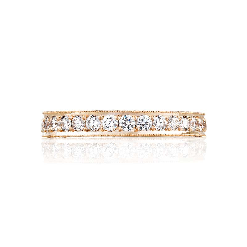 Let your love sparkle. Streamlined pav? set round brilliant diamonds create a timeless look; with signature crescent and milgrain detailing.Total Carats in wedding ring as pictured equal approximately  0.85Metal Shown: 18kt Rose GoldAvailable in Platinum, 18kt Rose Gold
