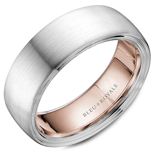A brushed white gold wedding band with a yellow gold inlay. This ring is available in 14K, 18K (White, Yellow & Rose gold), Platinum 950 & Palladium, please call for pricing.