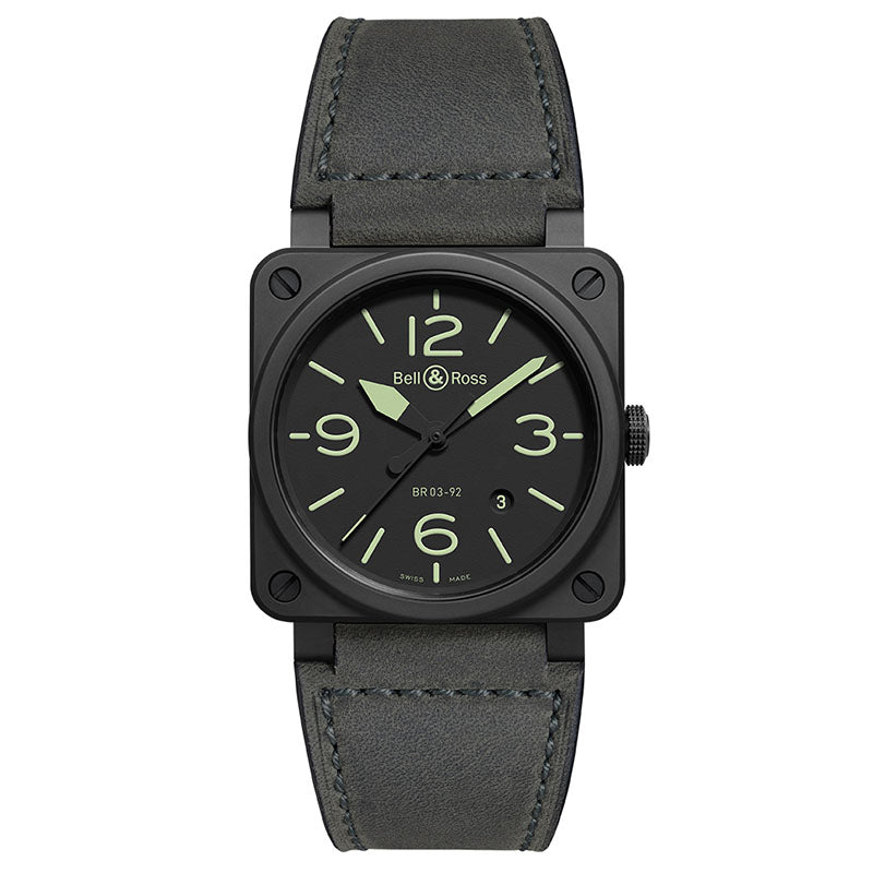 Movement: Calibre BR-CAL.102. Quartz.?Functions: hours; minutes; small seconds at 6 oclock. DateCase: Matt black ceramic. 39 mm diameter.?Dial: black. Sand-coloured Superluminova-filled numerals indices and hour and minute hands