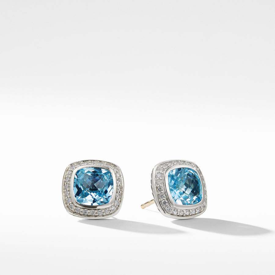 Sterling silver ��� Faceted blue topaz, Pave diamonds, 0.25 total carat weight, center 7 x 8mm ��� Earring, 11x11mm