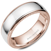 A rose gold wedding band with a high polished white gold center and milgrain detailing. This ring is available in 14K, 18K (White, Yellow & Rose gold), Platinum 950 & Palladium, please call for pricing.