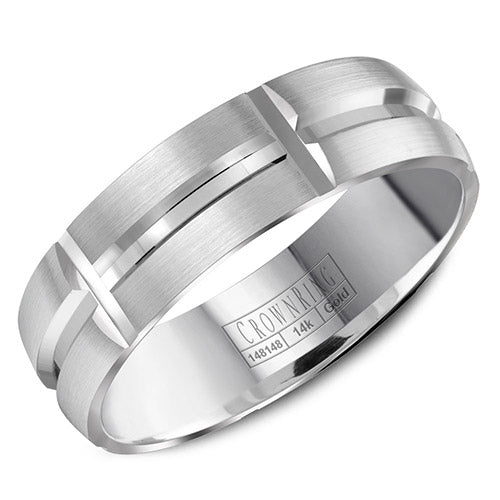 A brushed white gold wedding band with line detailing.
