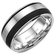 A brushed white gold wedding band with black carbon accents. This ring is available in 14K, 18K (White, Yellow & Rose gold), Platinum 950 & Palladium, please call for pricing.