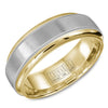 A yellow gold wedding band with a brushed white gold center and double milgrain detailing.