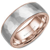 A rose gold wedding band with a hammered white gold center and milgrain edges. This ring is available in 14K, 18K (White, Yellow & Rose gold), Platinum 950 & Palladium, please call for pricing.