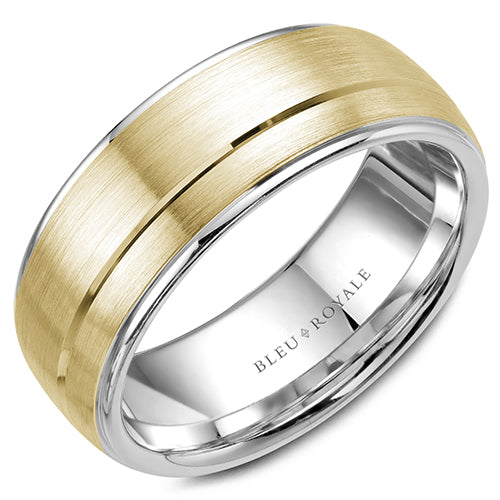 A brushed wedding band in white gold with a yellow gold center and line detailing. This ring is available in 14K, 18K (White, Yellow & Rose gold), Platinum 950 & Palladium, please call for pricing.