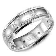 A white gold wedding band with a brushed center, milgrain detailing and six round diamonds.