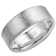 A white gold wedding band with a diamond brushed finish.