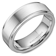A brushed white gold wedding band with polished edges. This ring is available in 14K, 18K (White, Yellow & Rose gold), Platinum 950 & Palladium, please call for pricing.