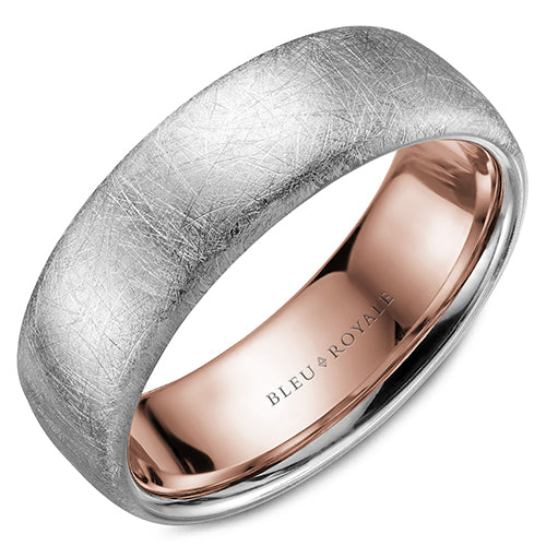A diamond brushed white gold wedding band with a rose gold inlay. This ring is available in 14K, 18K (White, Yellow & Rose gold), Platinum 950 & Palladium, please call for pricing.