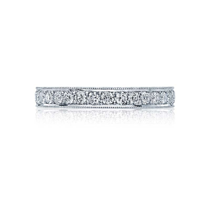 Perfectly designed round brilliant diamonds dance and reflect light off one another on this magnificent band. Tacori signature crescent silhouettes create a stunning profile that can be seen from miles away.  RoyalT designs are only available in platinum; 18kt Rose Gold