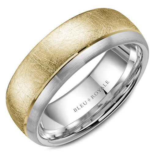 A wedding band in white gold with a diamond brushed yellow center and line detailing. This ring is available in 14K, 18K (White, Yellow & Rose gold), Platinum 950 & Palladium, please call for pricing.