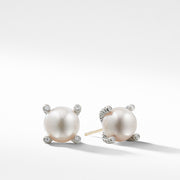 Sterling silver  ���  White cultured freshwater pearls, bleached, 9.5mm diameter ��� Diamonds, 0.04 total carat weight  ���  Earring, 14mm diameter