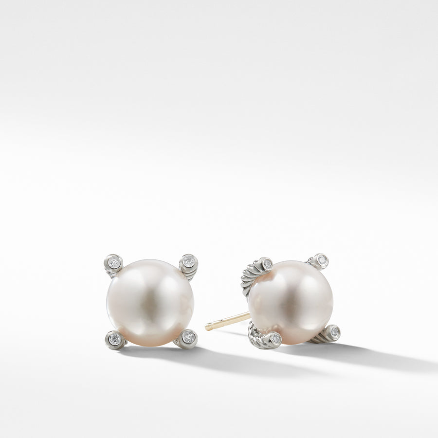 Sterling silver  ���  White cultured freshwater pearls, bleached, 9.5mm diameter ��� Diamonds, 0.04 total carat weight  ���  Earring, 14mm diameter