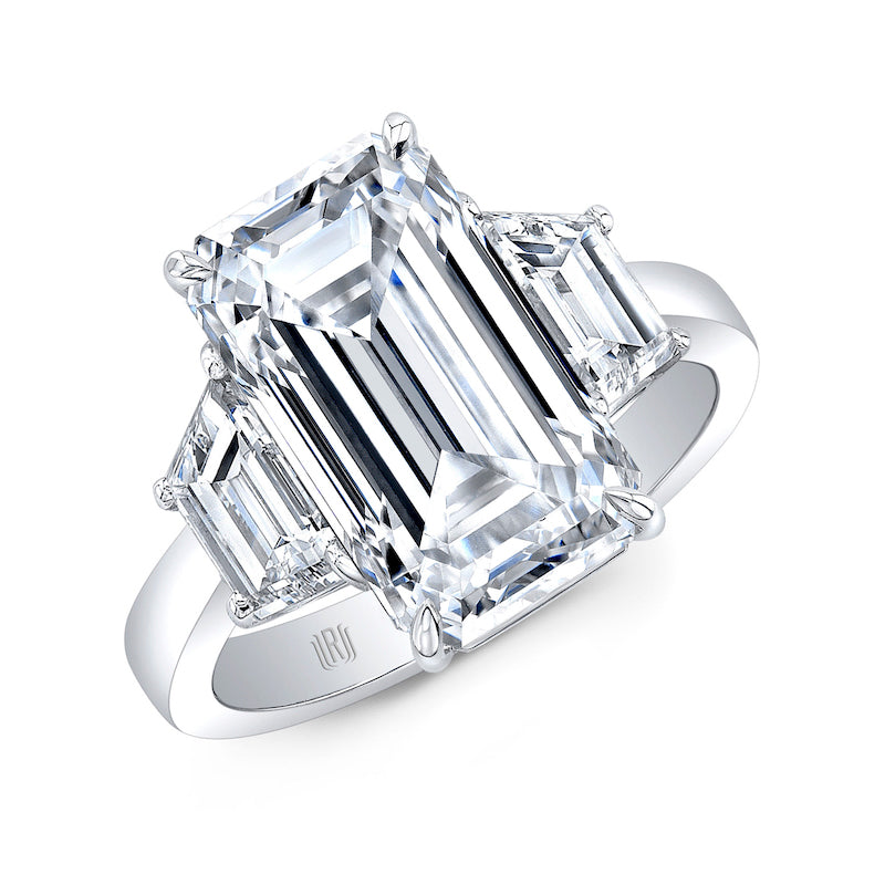 RAHAMINOV PLATINUM 6.08CT K VS2 GIA EMERALD CUT DIAMOND WITH 1.24CT K VS1 TRAPEZOID DIAMOND THREE STONE RING