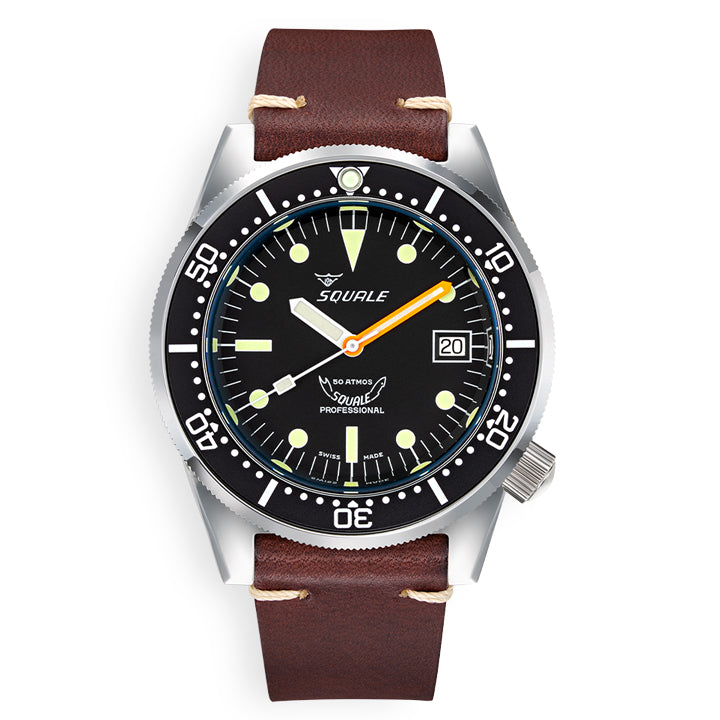 Squale 1521 Classic Black on Brown Leather Strap - 1521CL.PS
