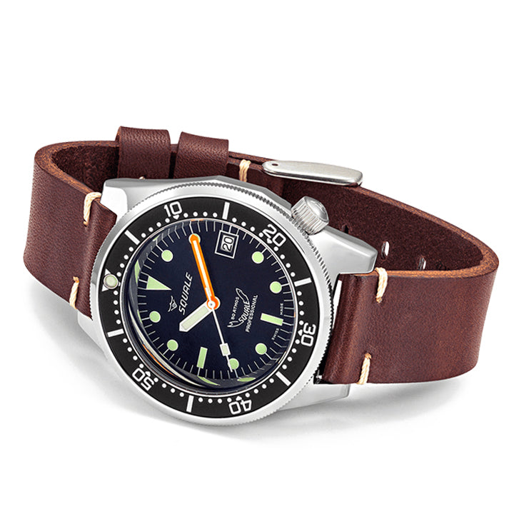 Squale 1521 Classic Black on Brown Leather Strap - 1521CL.PS