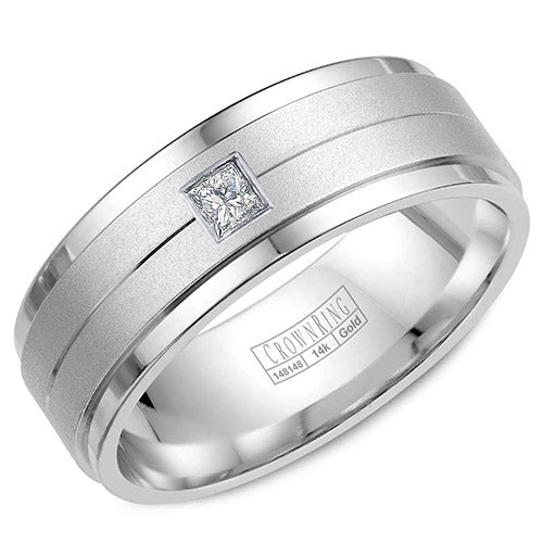 A wedding band with a brushed center and a square cut diamond.