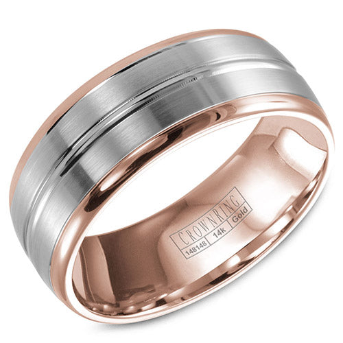 A rose gold wedding band with a brushed white gold center.