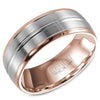 A rose gold wedding band with a brushed white gold center.