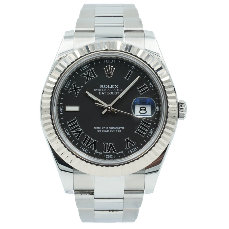 SOLD - Rolex Datejust 116334 Black Roman Dial Fluted Bezel - 41mm