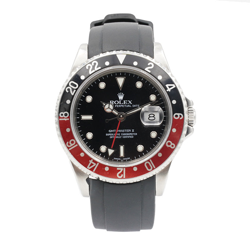 SOLD - Rolex 16710 GMT-Master II Coke B&P Black & Red Bezel 40mm