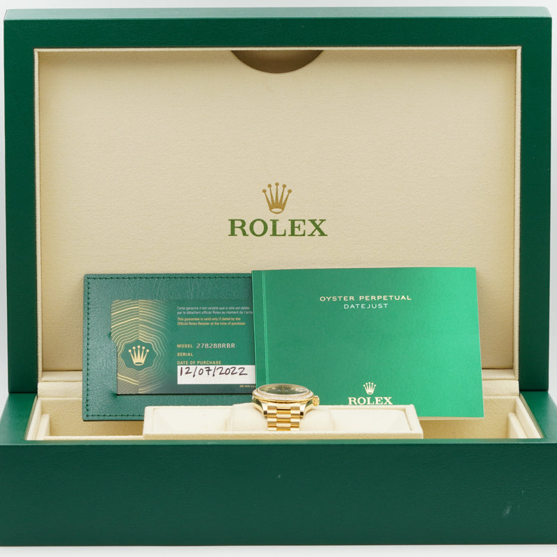 SOLD - 10/6/23 - Rolex Datejust 278288RBR Yellow Gold and Diamonds Green Dial '22 B&P