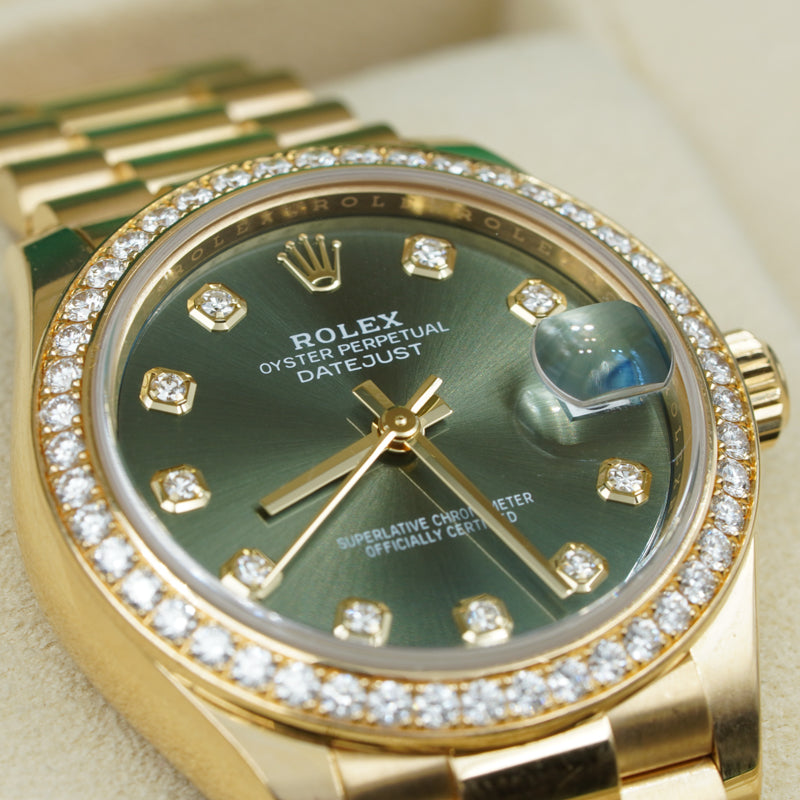 SOLD - 10/6/23 - Rolex Datejust 278288RBR Yellow Gold and Diamonds Green Dial '22 B&P